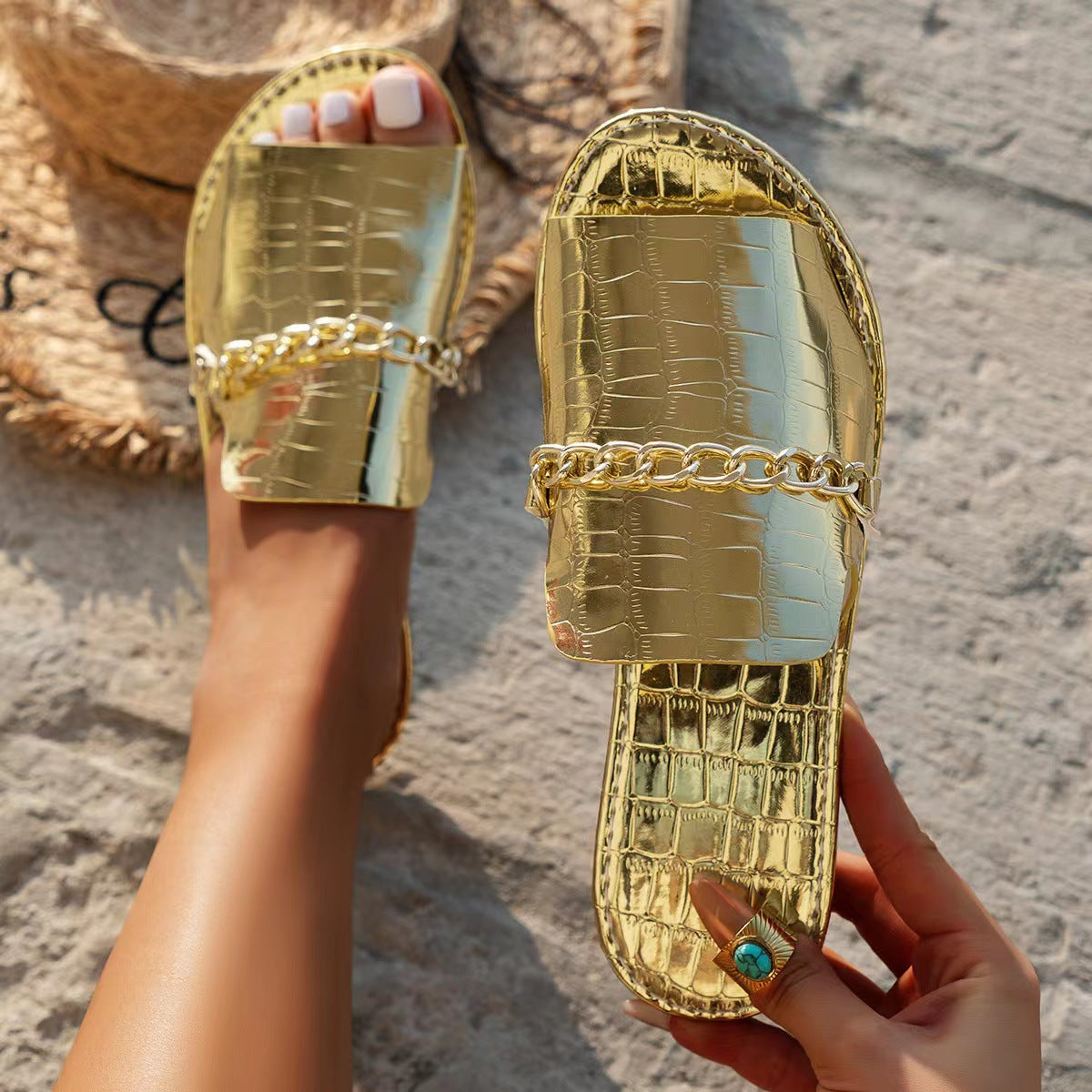 Sarah Express Women's Chain Pattern Flat Slides