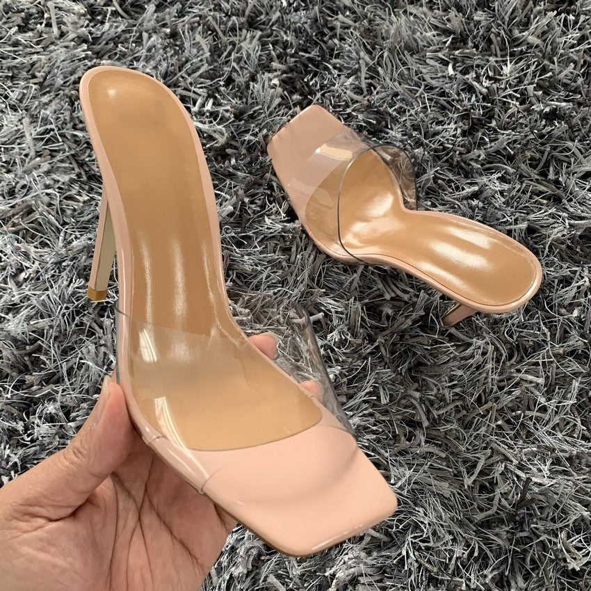 Sarah Express Clear Strap Square Toe Stiletto Heels