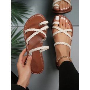 Sarah Express Braided Strap Toe Ring Flat Sandals Beige
