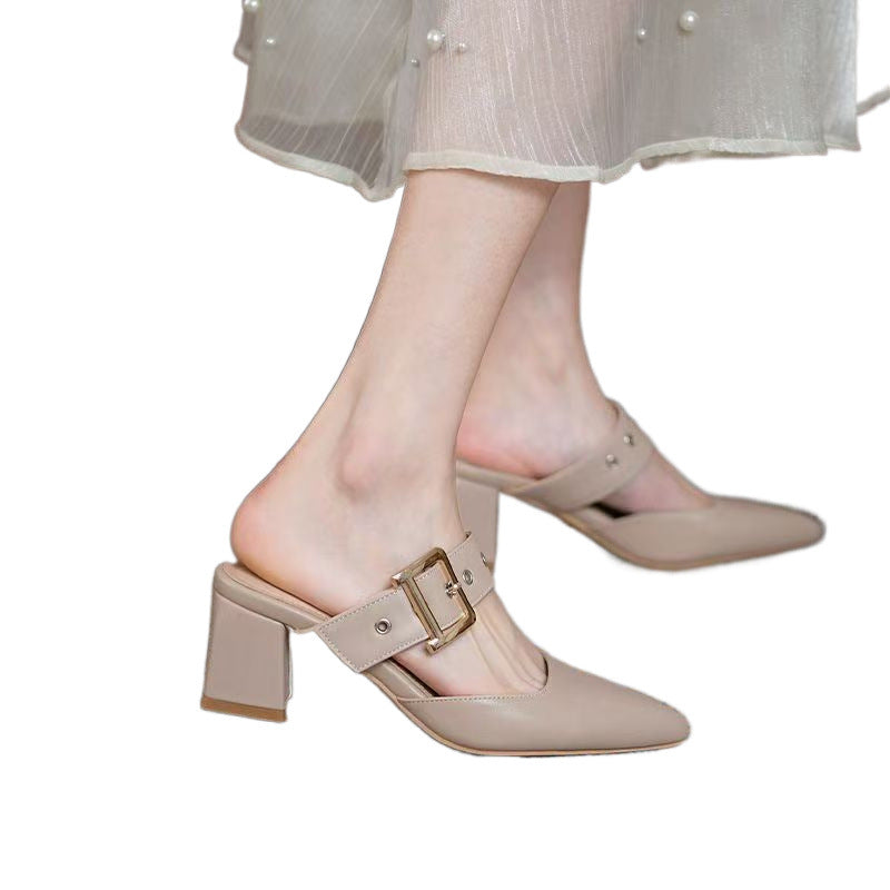 Sarah Express Pointed Toe Chunky Heel Slip-On Slippers