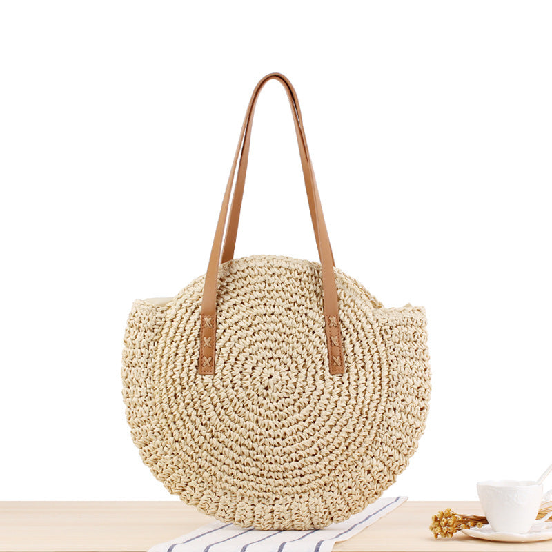 Sarah Express Woven Straw Round Shoulder Handbag Medium beige