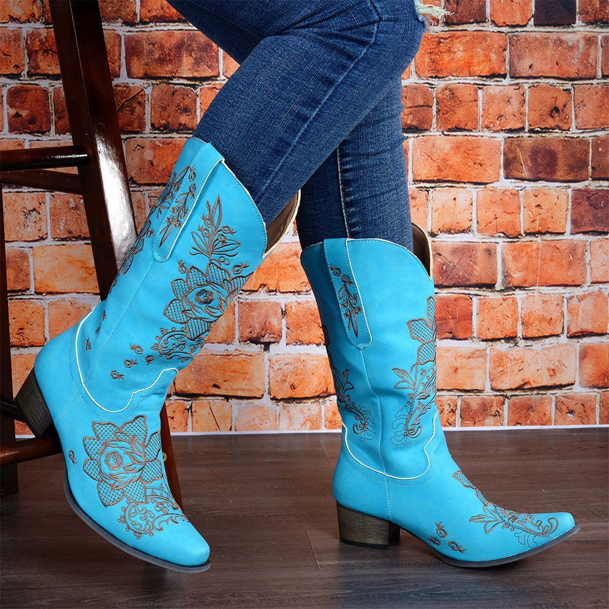 Sarah Express Embroidered Ethnic Mid-Calf Chunky Heel Boots