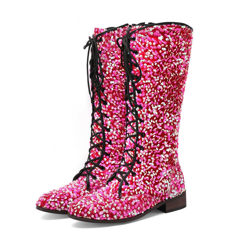 Sarah Express Glitter Sequin Over-the-Knee Lace-Up Boots