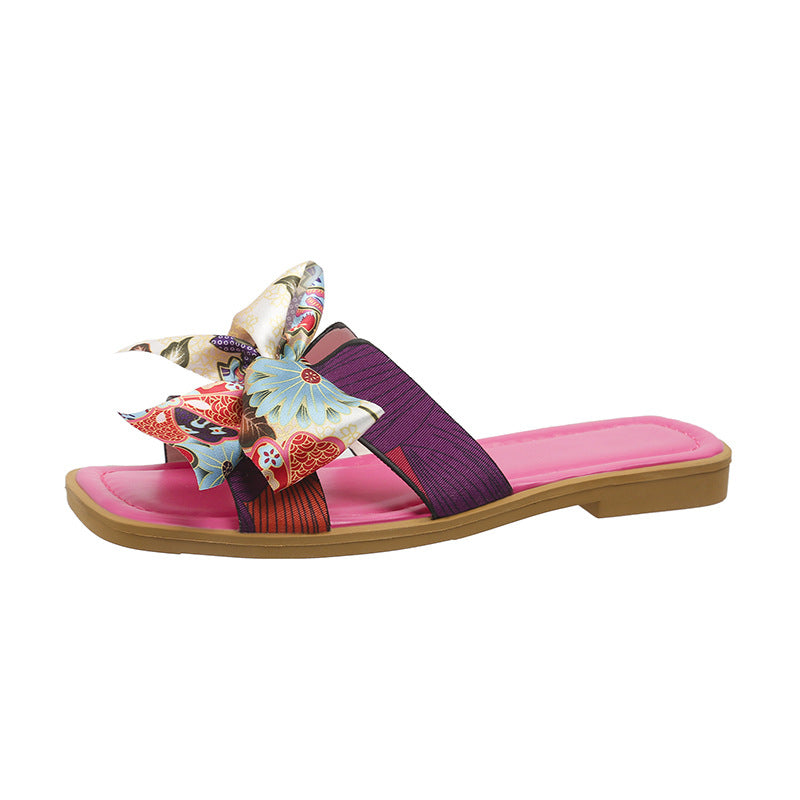 Sarah Express Bow Detail Square Toe Low Heel Sandals Rose Red