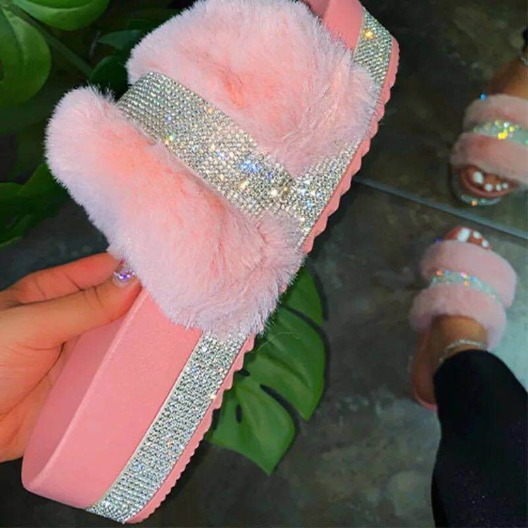Sarah Express Women's Rhinestone Platform Fur Slides