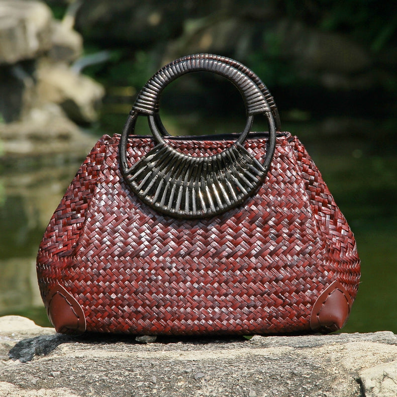 Sarah Express Handwoven Rattan Straw Structured Handbag Red wine
