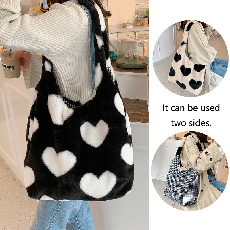Sarah Express Plush Heart Pattern Reversible Shoulder Bag
