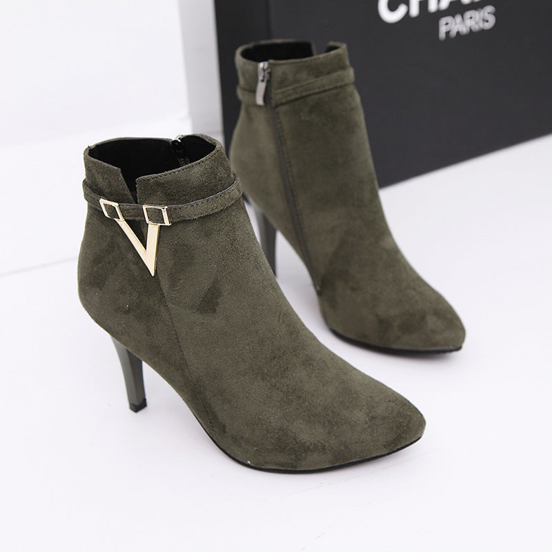 Sarah Express Pointed Toe V-Accent Stiletto Ankle Boots Green