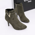 Sarah Express Pointed Toe V-Accent Stiletto Ankle Boots Green