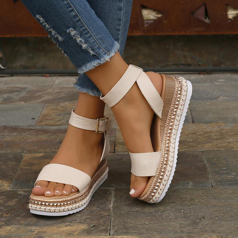 Sarah Express Women's Buckle Strap Hemp Wedge Sandals
