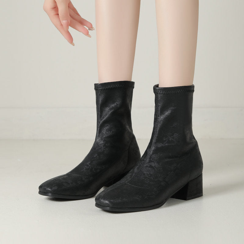 Sarah Express Floral Embroidered Square Toe Ankle Boots