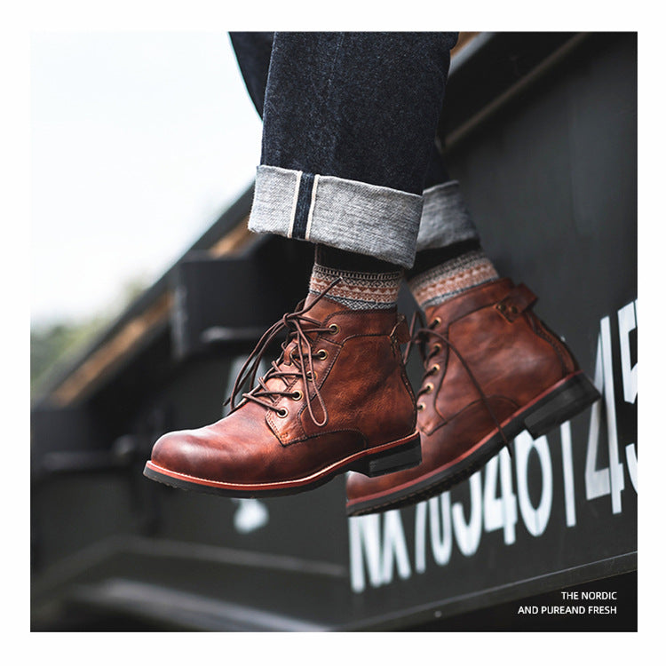 Sarah Express Men's Waxed Leather Lace-Up Ankle Boots