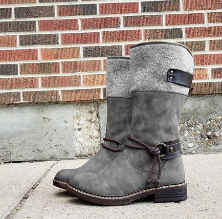 Sarah Express Mid-Calf Suede Boots with Decorative Ties Grey