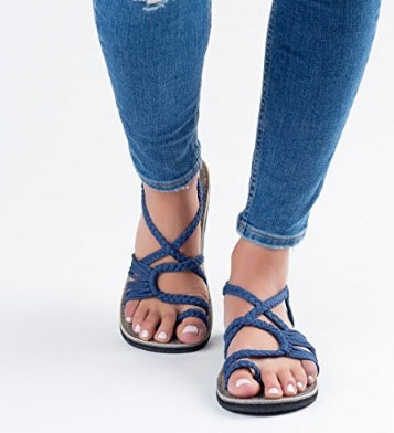 Sarah Express Braided Strap Beach Flat Sandals Dark Blue