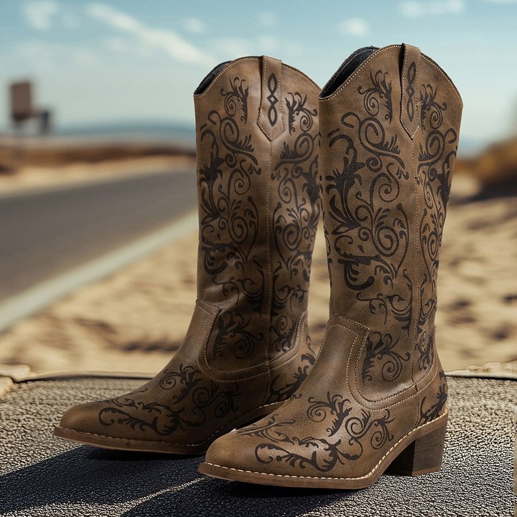 Sarah Express Embroidered Pointed Toe Mid Heel Boots