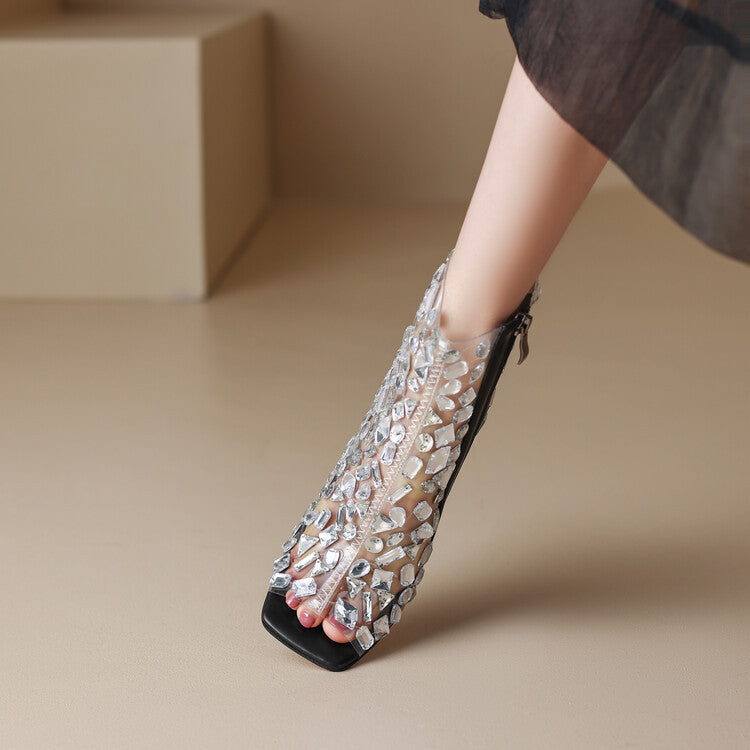 Sarah Express Rhinestone Embellished Open Toe Ankle Boots