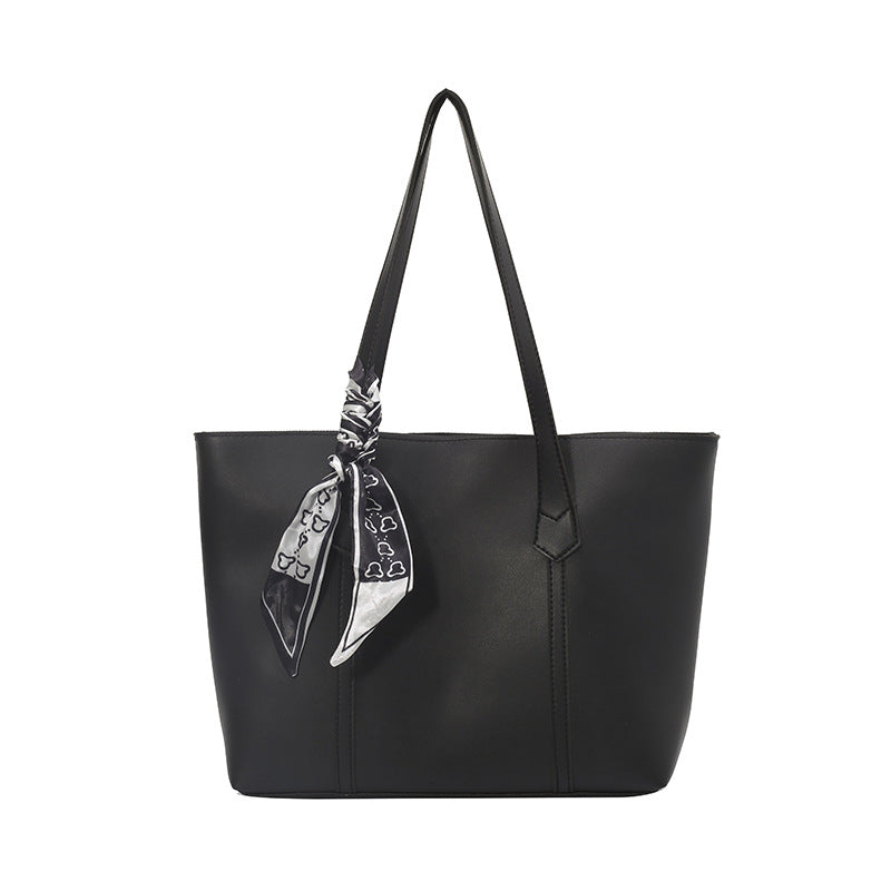 Sarah Express Structured PU Leather Commuter Shoulder Tote Black with Silk Scarf