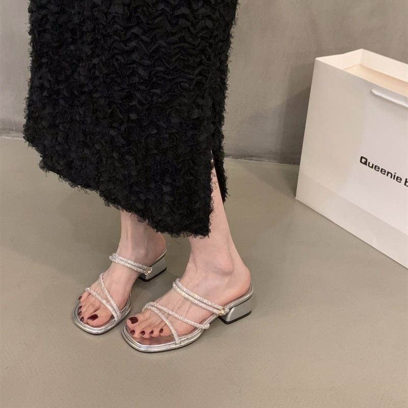 Sarah Express Rhinestone Strappy Square Toe Mid-Heel Sandals