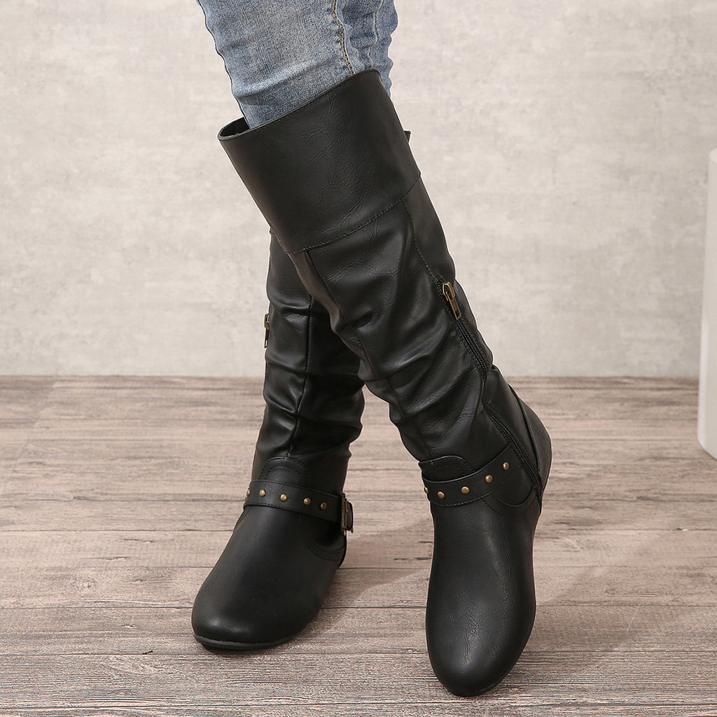 Sarah Express Women's Retro Belt-Buckle Chunky Heel Boots
