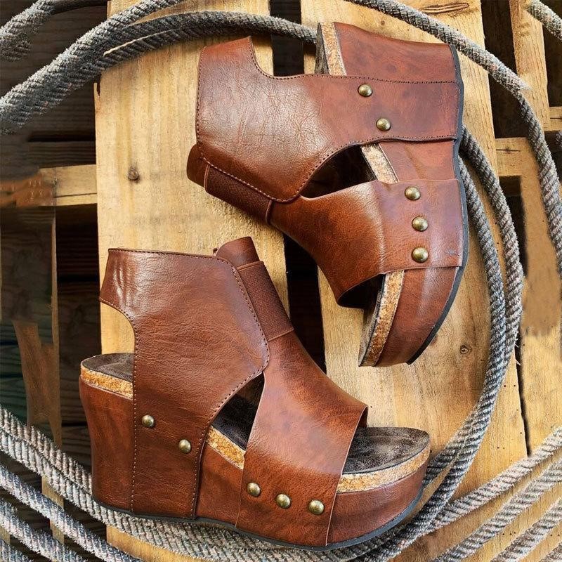 Sarah Express Vintage Wedge Heel Open-Toe Sandals Brown