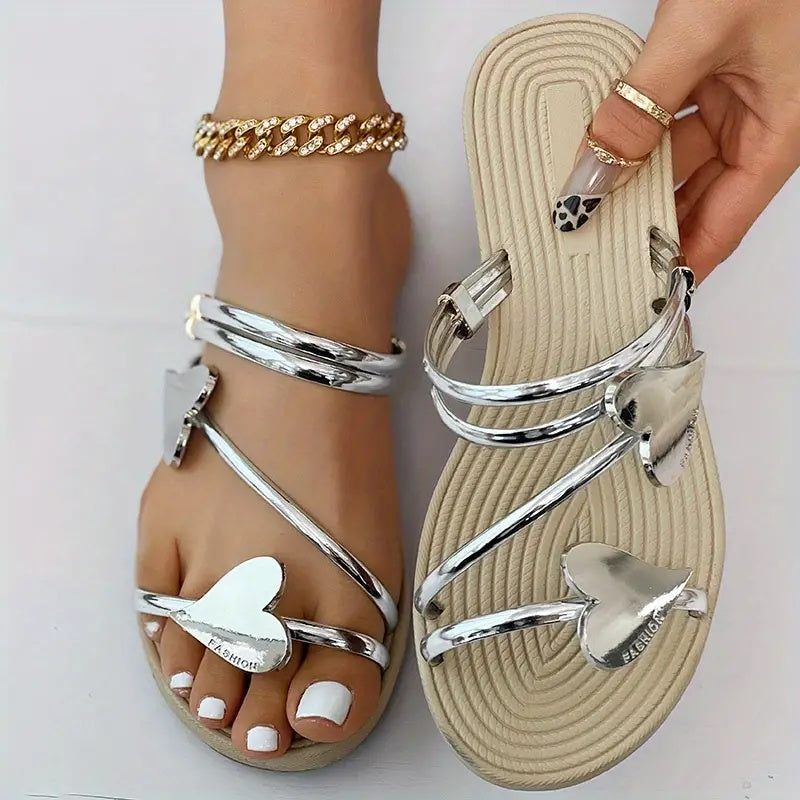 Sarah Express Heart Shape Metallic Flat Summer Slides