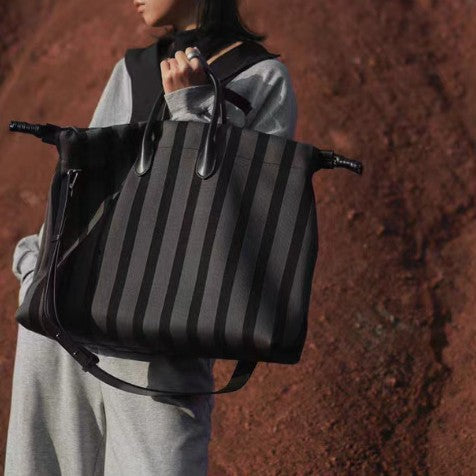 Sarah Express Large Capacity Striped Cowhide Leather Tote