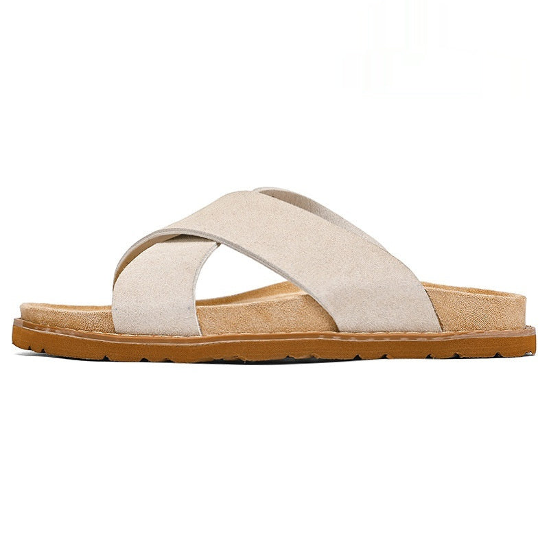 Sarah Express Men's Cross-Strap Non-Slip Slide Sandals Beige Upgraded