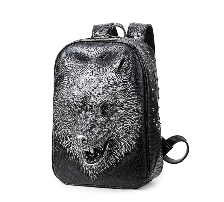 Sarah Express 3D Wolf Head Rivet Student Backpack Silvery