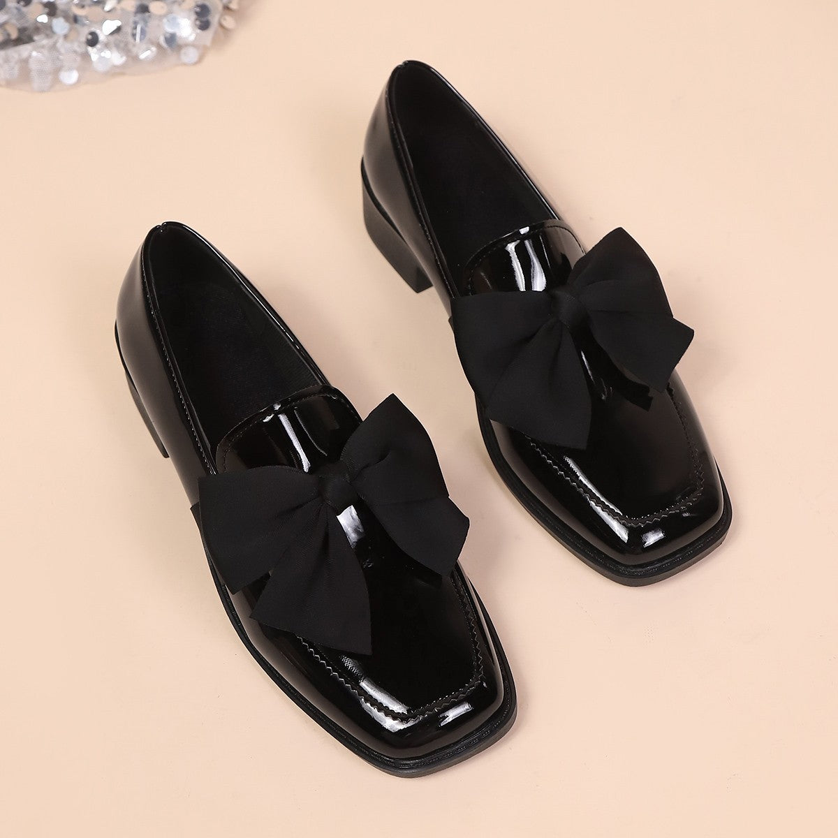 Sarah Express Elegant Square Toe Bow Dress Flats Black