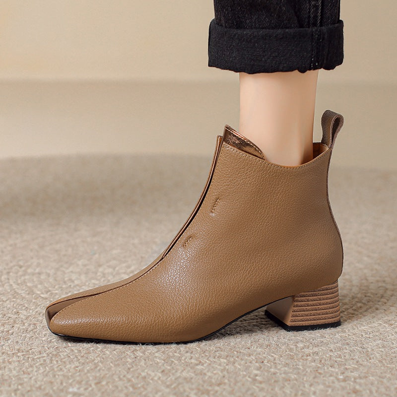 Sarah Express Retro Square-Toe Sheepskin Chunky Heel Boots Khaki Orders