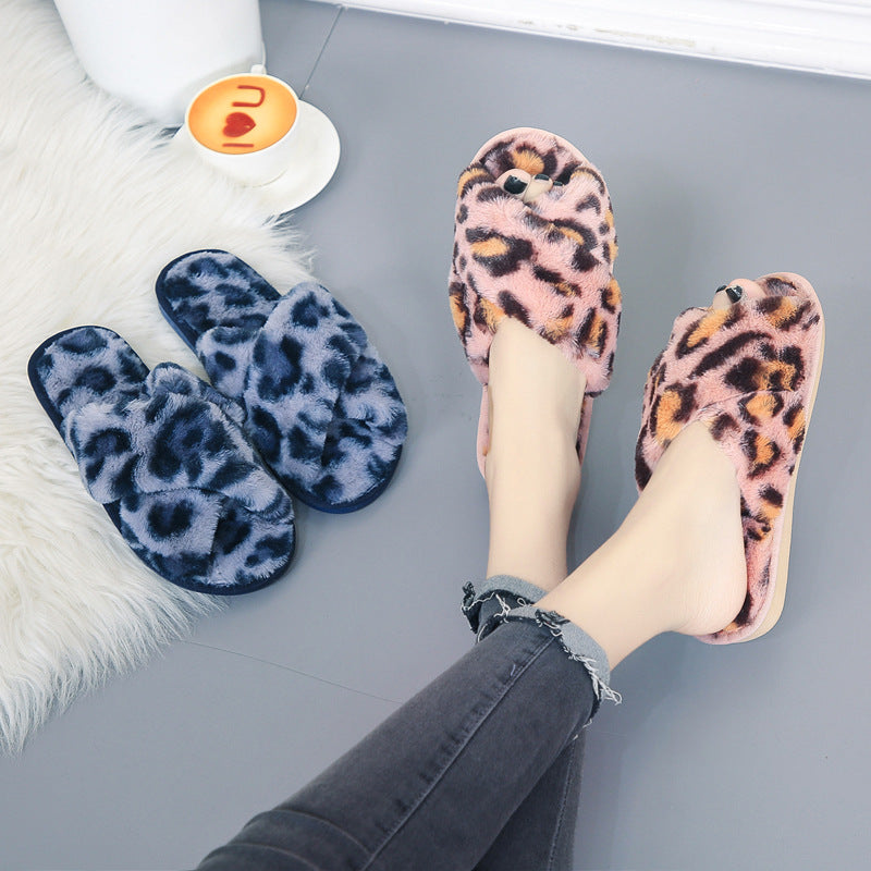Sarah Express Fuzzy Leopard Cross-Strap House Slippers