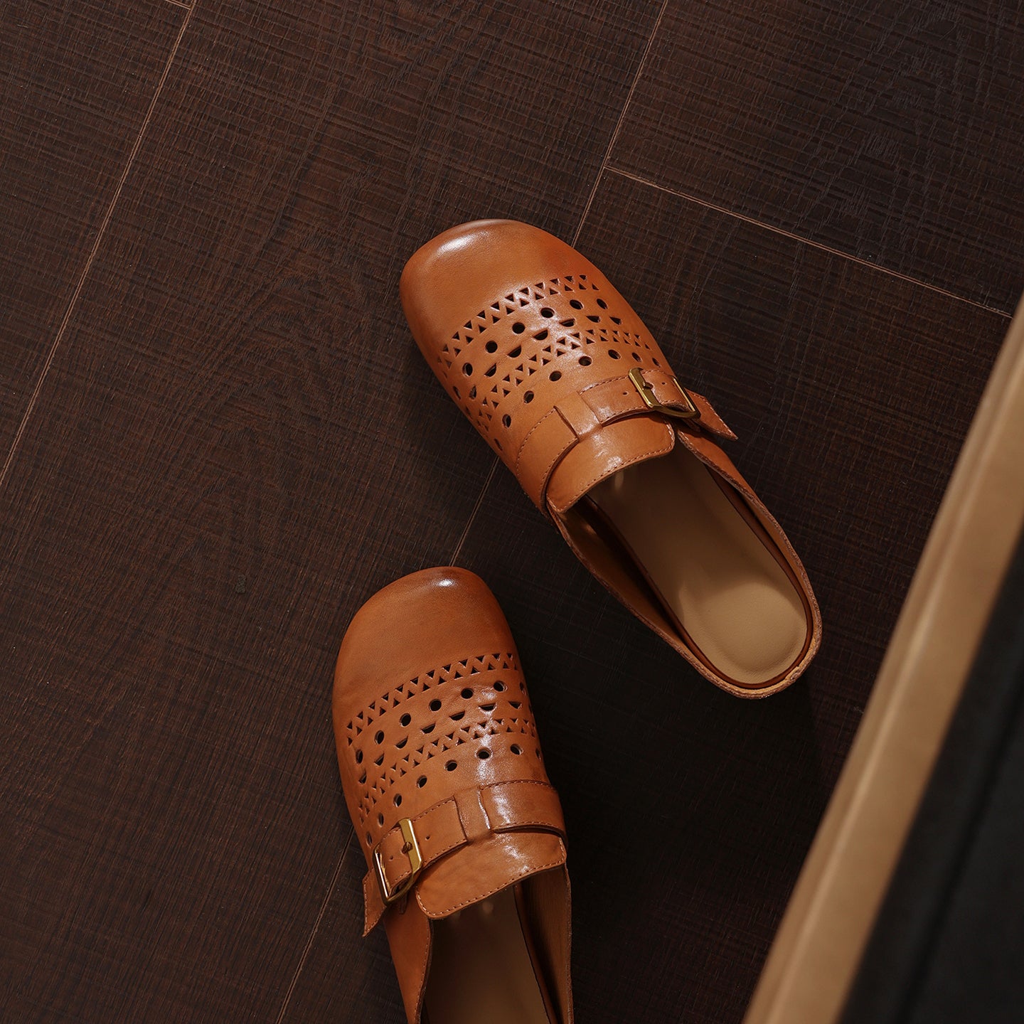 Sarah Express Perforated Cowhide Buckle Flat Mules