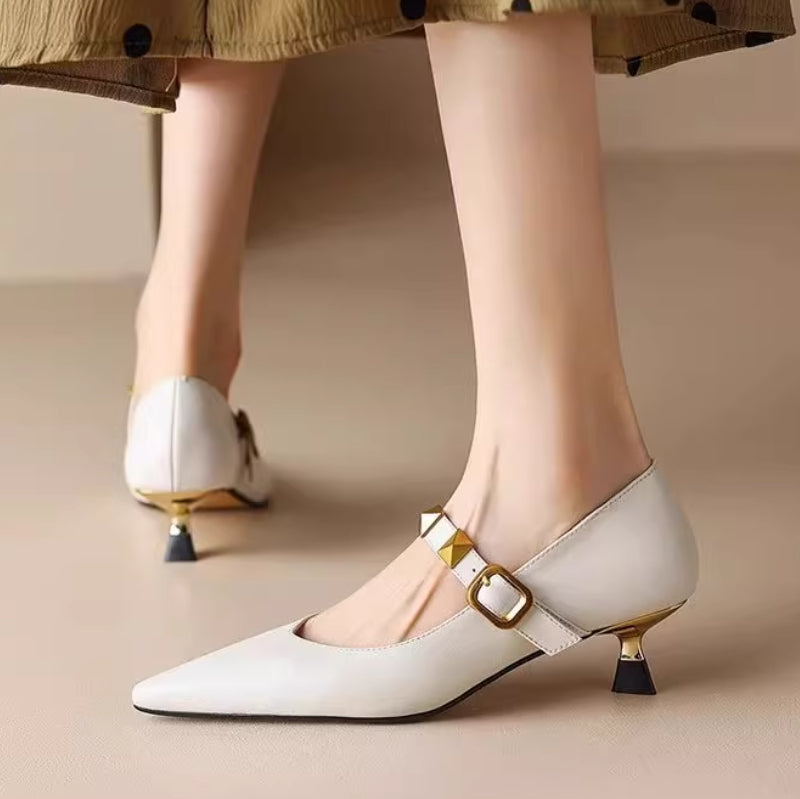 Sarah Express Pointed-Toe Studded Buckle Strap Heels