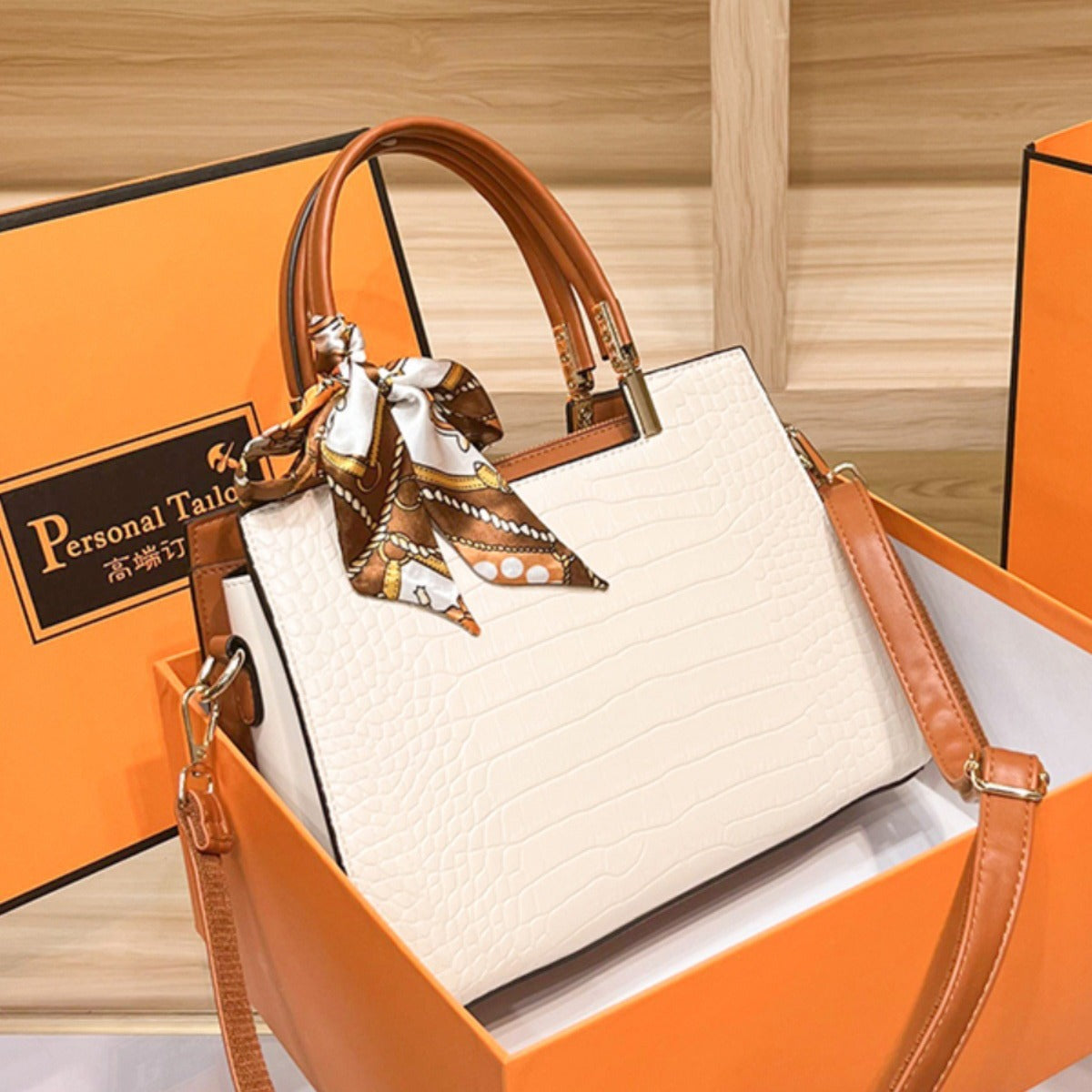 Sarah Express Structured Crocodile-Grain Apricot Crossbody Bag