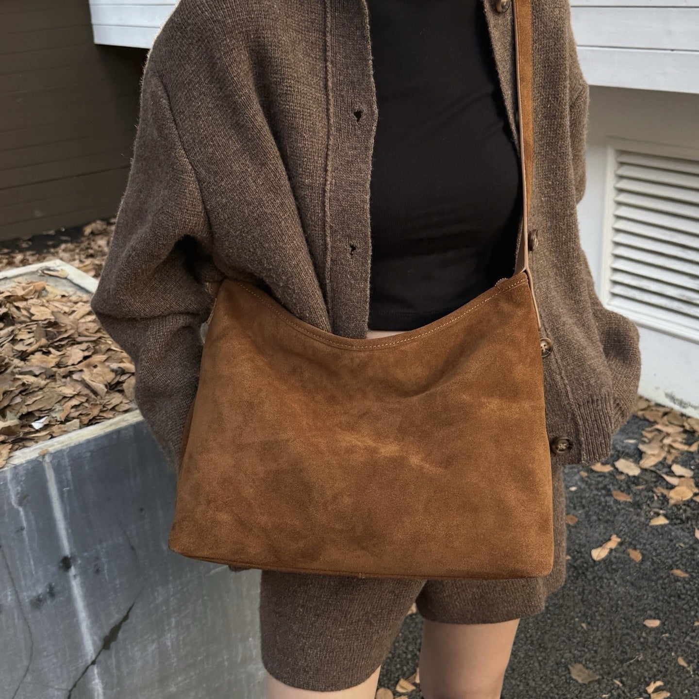 Sarah Express Matte Suede Bucket Shoulder Bag Golden Brown 37X11X28cm