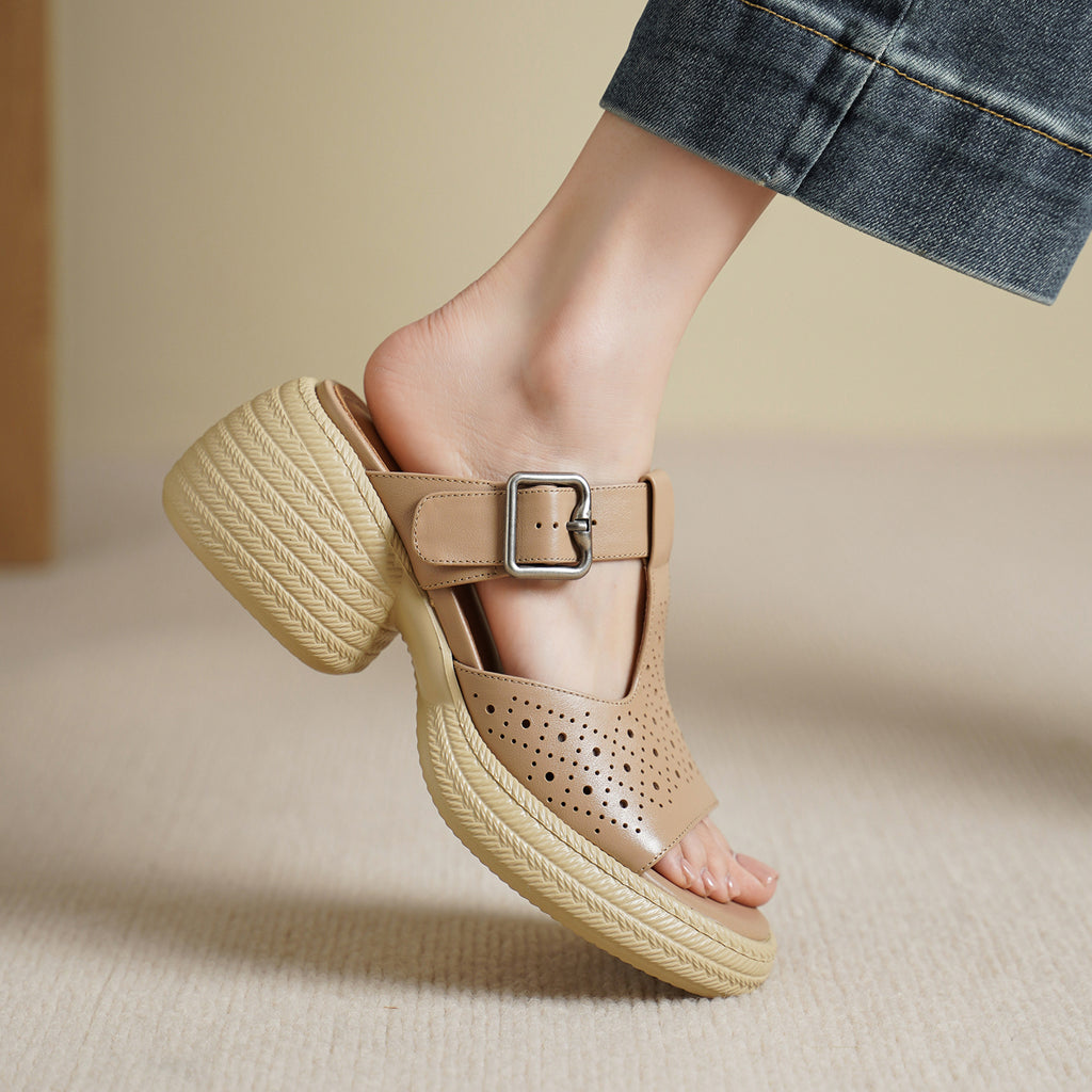Sarah Express Perforated Leather T-Strap Platform Sandals