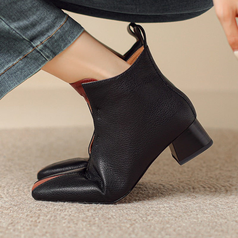 Sarah Express Retro Square-Toe Sheepskin Chunky Heel Boots