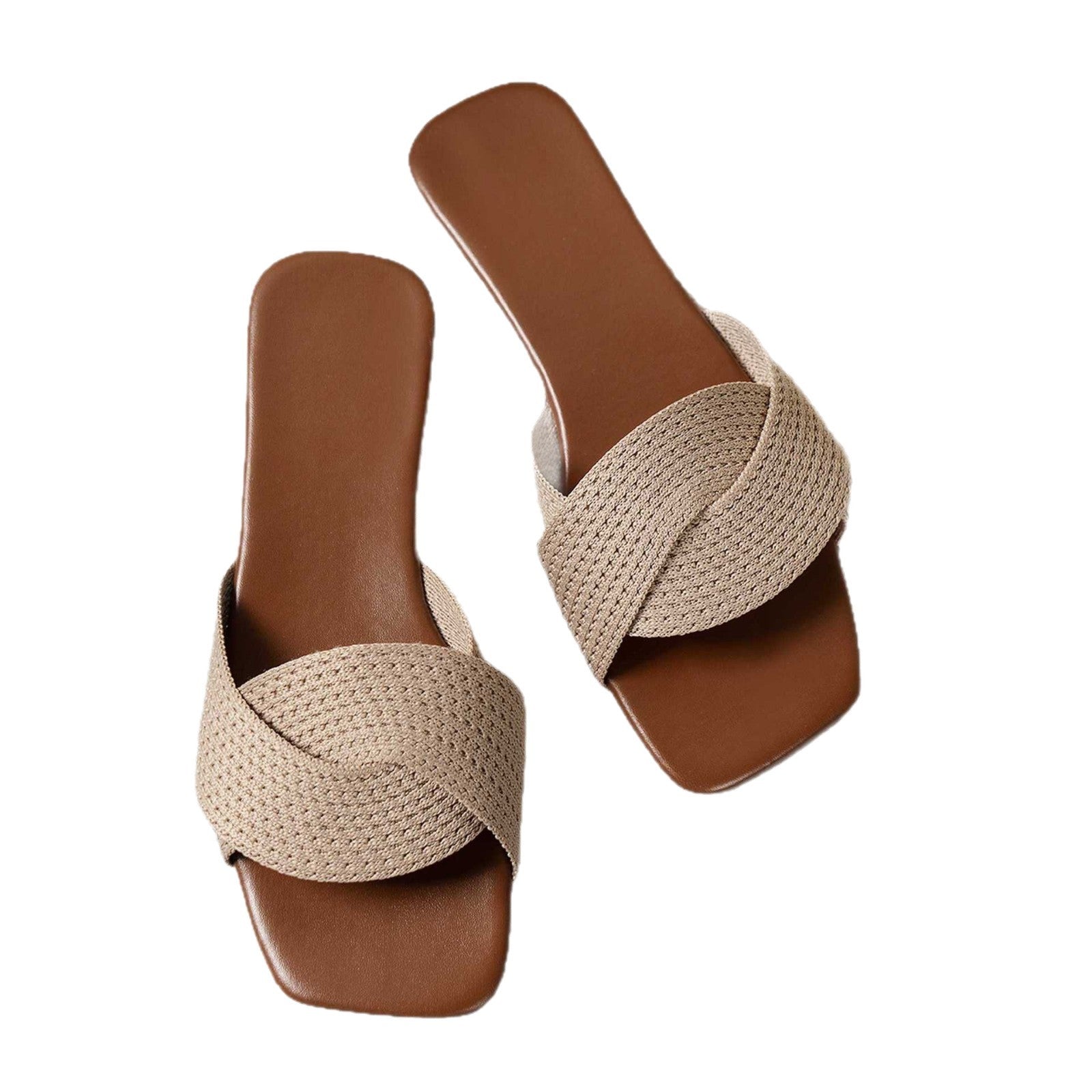 Sarah Express Women's Cross-Strap Square-Toe Flat Sandals | Lightweight Fabric Beach Slippers