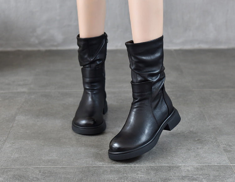 Sarah Express Women's Genuine Leather Mid-Calf Chunky Boots