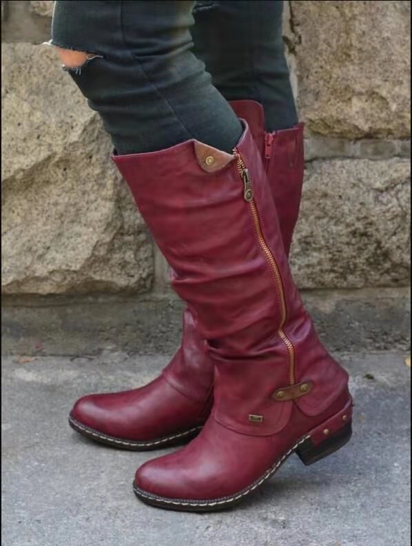 Sarah Express Women's Round Toe Side Zipper Boots Red