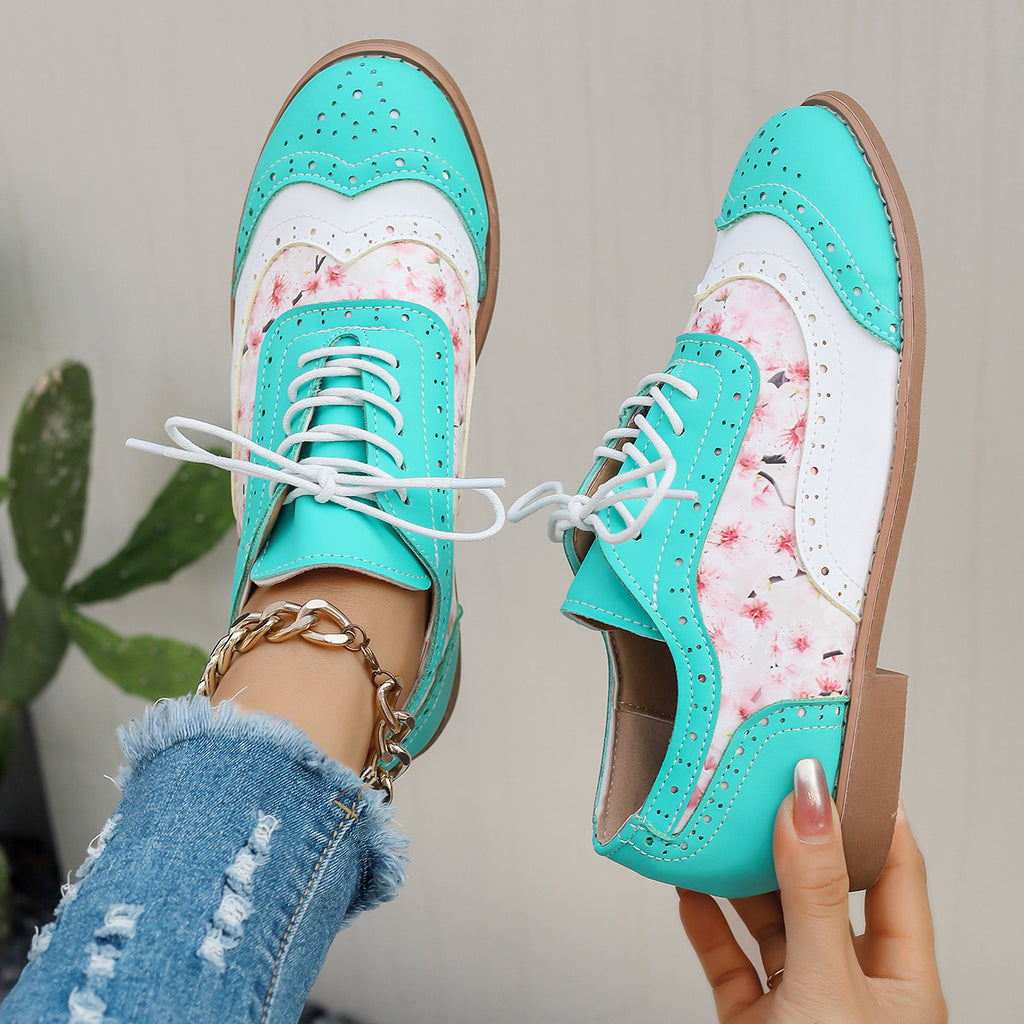 Sarah Express Color-Block Lace-Up Round Toe Flats Cyan