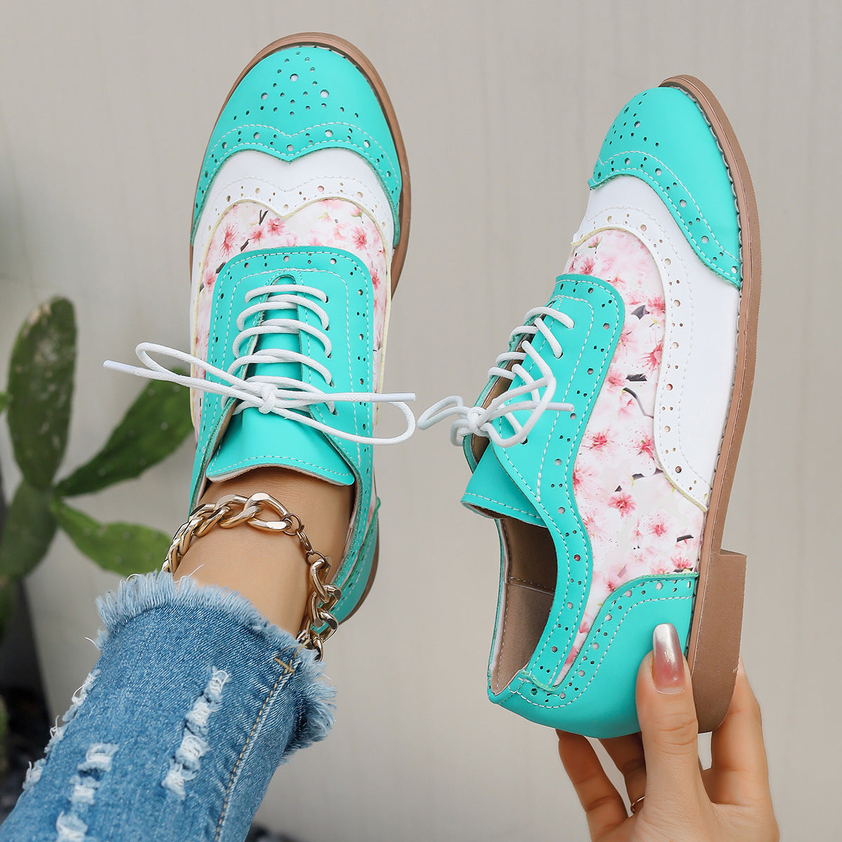 Sarah Express Color-Block Lace-Up Round Toe Flats Cyan