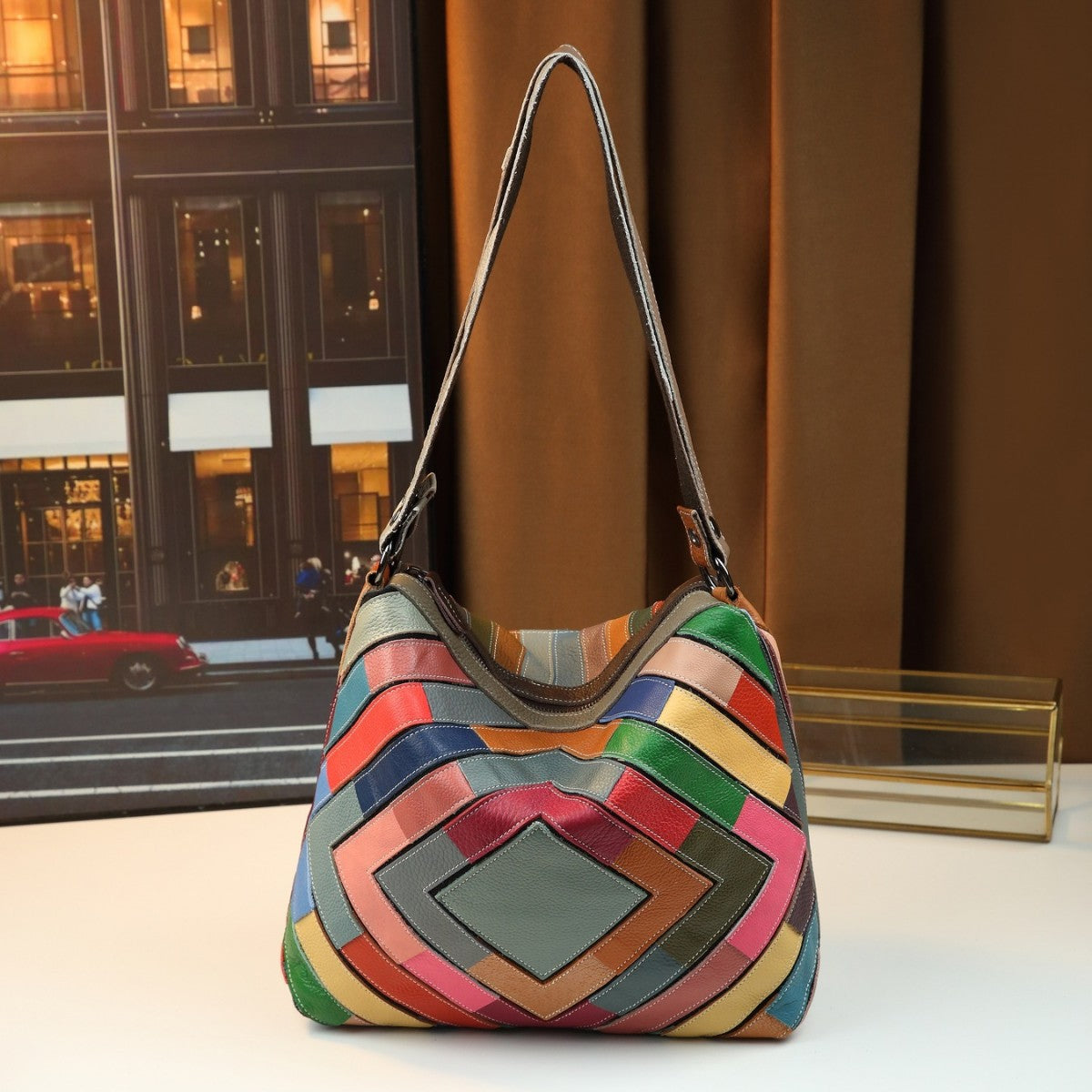 Sarah Express Geometric Patchwork Leather Shoulder Bag