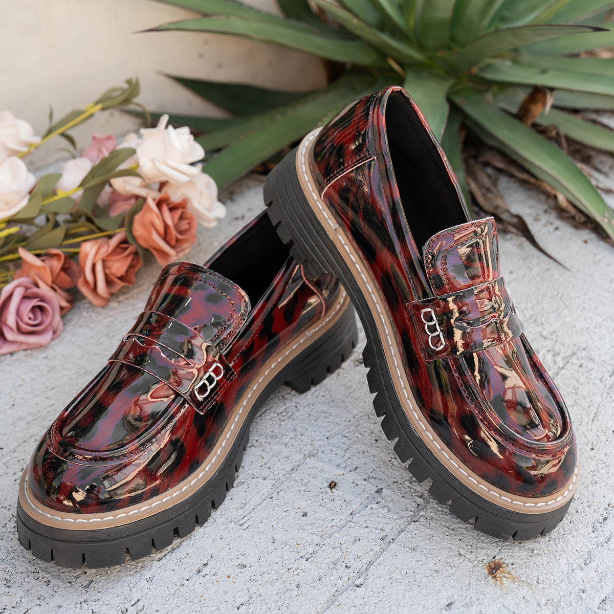 Sarah Express Leopard Print Patent Leather Chunky Loafers