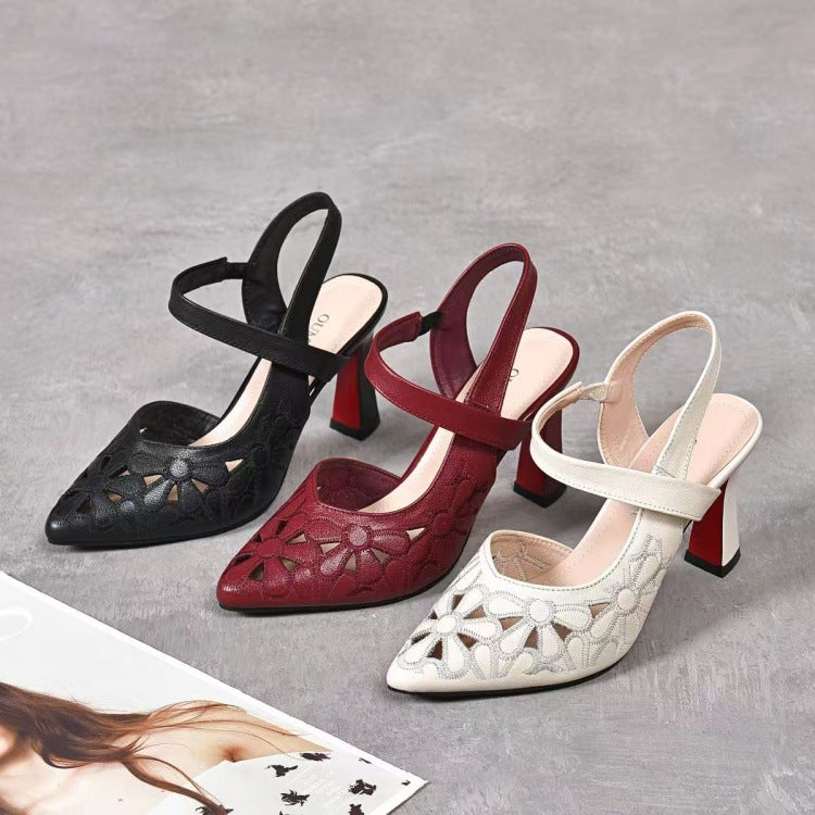 Sarah Express Pointed-Toe Cutout Cowhide High-Heel Sandals