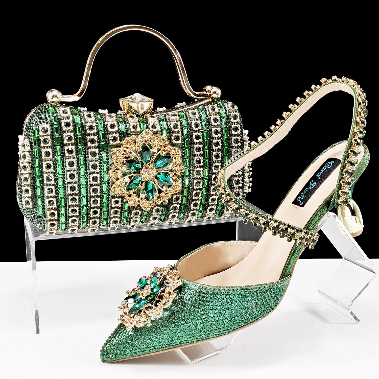 Sarah Express Rhinestone Embellished Clutch and Heel Set Green