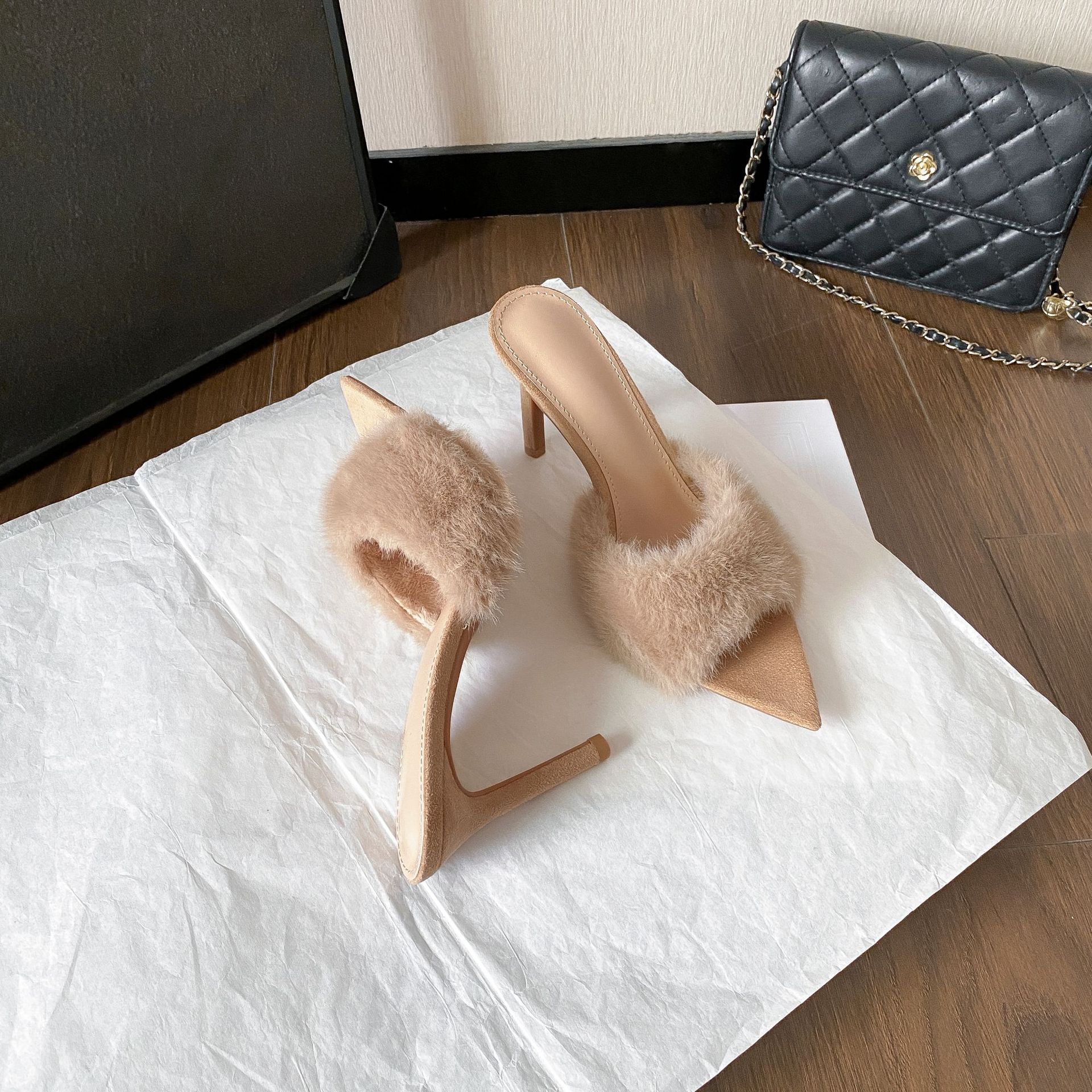 Sarah Express Pointed Toe Plush High Heel Slippers