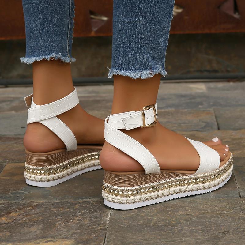 Sarah Express Women's Buckle Strap Hemp Wedge Sandals