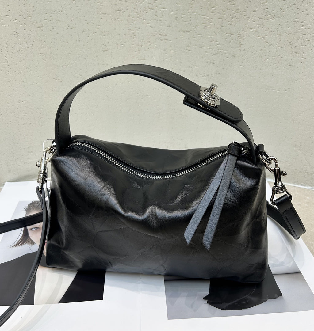 Sarah Express Ruched Top-Grain Cowhide Small Handbag Black