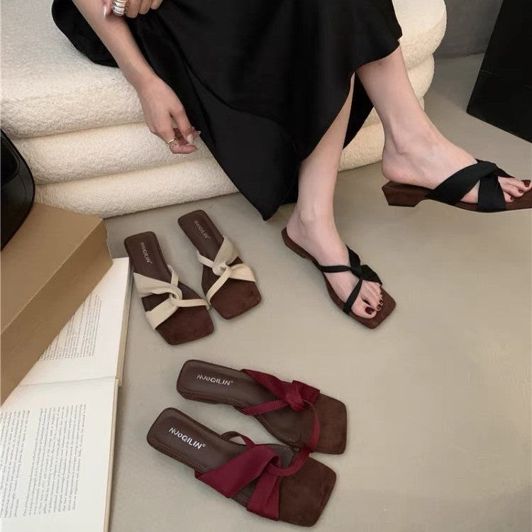 Women French Unique Design Block Heel Slide Sandals, 2026 New Summer Square Toe Open Toe Mid Heel Outdoor Slippers – product detail alternate view